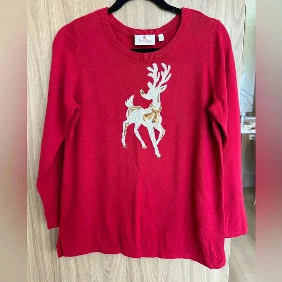 Quacker Factory Red Holiday Sweater Gold Sequin Rudolph Reindeer oversize Small - Picture 1 of 6